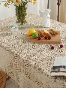 1 件复古钩针流苏桌布，简约设计桌垫，农舍蕾丝餐桌装饰，圆形/方形桌面盖，适用于厨房、梳妆台、婚礼派对 - 米色 - 查看 21