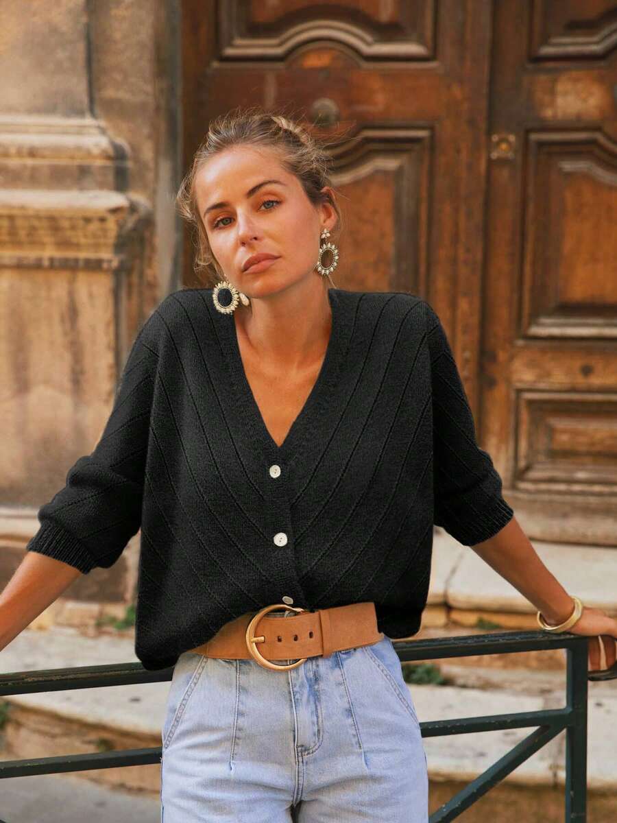 Damen V-Ausschnitt Drop Shoulder Langarm Casual Einreiher Hohlstrick Strickjacke, Herbst Schwarz - Schwarz - Übersicht 1