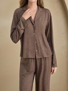 Anewsta Leisure Lapel Collar Button Front PJ Set Holiday Season, Winter Clothes - Coffee Brown - View 5