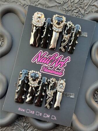 10 pièces d'ongles postiches extra-longs faits main, style gothique sombre, carrés brillants et brillants 3D, convenant aux femmes et aux filles, nail art de 45 mm pour festival de musique, soirée masquée, événement spécial