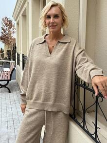 Livesso 2pcs Set Women's Solid Color Drop Shoulder Sweater And Wide-Leg Knit Pants Casual Loose Outfit,Fall Clothes - Camel - View 5