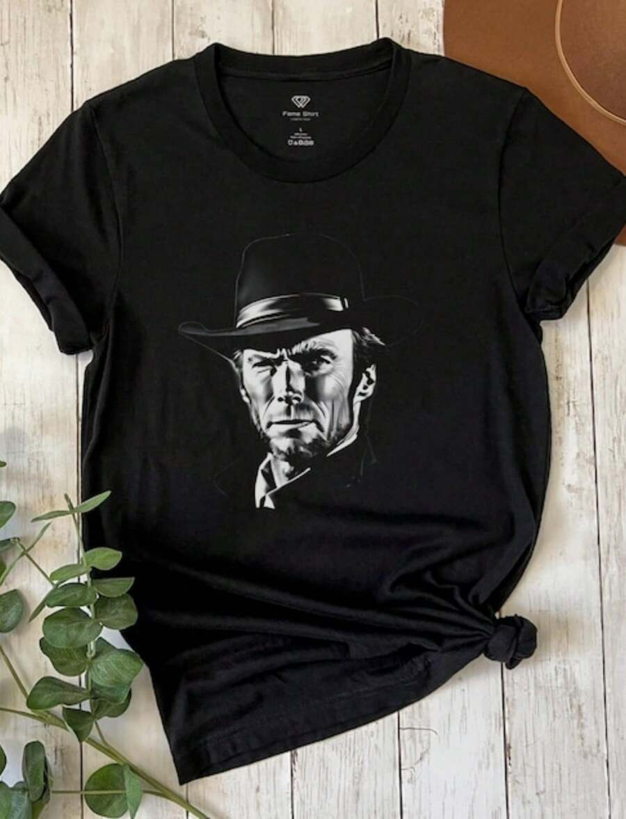 Tshirt, Vintage Actor Tee, Movie Star Shirt, Film Fan Gift, Western Icon Top, Unisex Jersey Short Sleeve Tee, Vintage T-Shirt - 黑色 - 查看 1