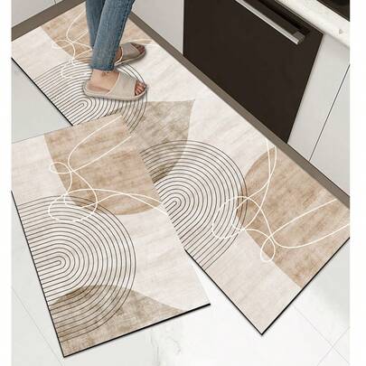 1pc Beige Geometric Line Patchwork Pattern, Minimalist & Fashionable Style, Approx. 3mm Thick Absorbent Kitchen Mat/Carpet Set, Washable, Suitable For Kitchen, Bathroom, Entryway, Laundry Room, Study, Living Room, Bedroom, Hallway