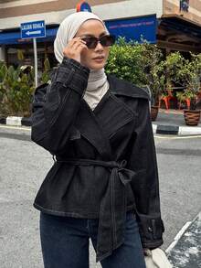 DAZY 女士短款收腰休闲牛仔夹克外套，秋冬季简约时尚 - 深色水洗藍 - 查看 6