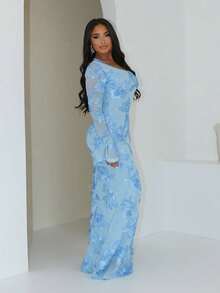 Autumn And Winter Backless Flared Sleeves Wrapped Around Buttocks Sexy Fashion Sexy Slim Fit Dress - Màu xanh lam - Xem 2