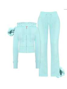 Women's Contrasting Color Waistband Splicing Micro Flared Knitted Sweatshirt, Slim Fit And Fitness Pants, Casual Pants, Sports And Leisure Set, Two-Piece Set - 藍色 - 查看 1