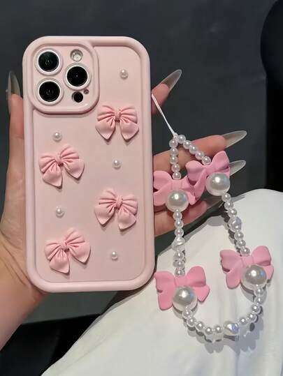 1pc Cute 3D Pink Bow Pearl Phone Case With Bow Pearl Bracelet, Compatible With IPhone 16/16PRO/16E/15 14 13 12 Pro Max Plus 11/XR, Shockproof Protective Cover For Women, Compatible With Samsung Series