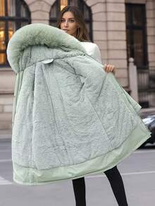 2025冬季新款女士夹棉大衣欧美中长款大毛领保暖内衬派克大衣时尚度假外套 - 綠色 - 查看 3