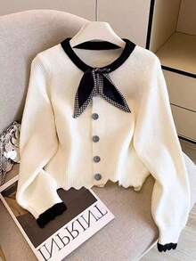 Women's Elegant Ribbon Decor Cardigan, Sweet & Versatile, Slimming, Soft, Suitable For Autumn