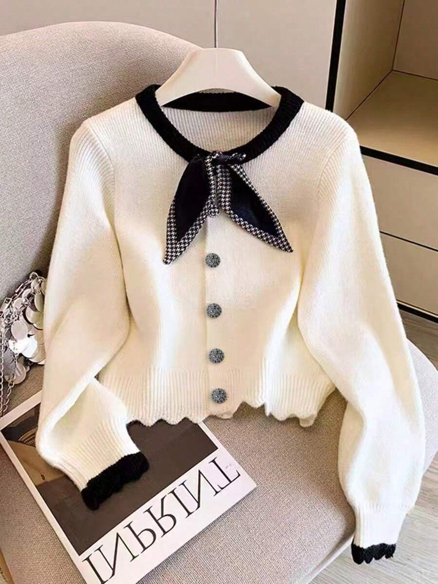 Women's Elegant Ribbon Decor Cardigan, Sweet & Versatile, Slimming, Soft, Suitable For Autumn
