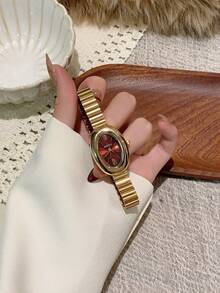 1pc Oval Bamboo Strap Women's Watch, Adjustable Gold-Tone Band, Elegant & Versatile Quartz Wristwatch, Suitable For Daily Wear, An Ideal Daily Matching Gift - Gold - View 1