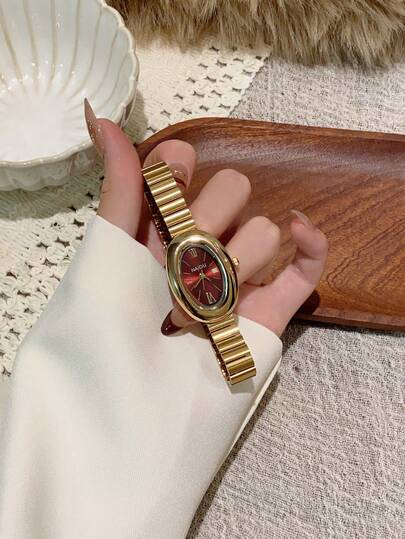 1pc Oval Bamboo Strap Women's Watch, Adjustable Gold-Tone Band, Elegant & Versatile Quartz Wristwatch, Suitable For Daily Wear, An Ideal Daily Matching Gift