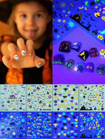 4 feuilles d'autocollants pour ongles néon lumineux - Art des ongles auto-adhésif brillant pour enfants et filles, avec des designs de citrouille, toile d'araignée et fantôme d'Halloween, idéal pour la décoration d'ongles DIY
