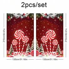 2 件圣诞窗帘布，带圣诞老人、圣诞球、圣诞树、驯鹿、棒棒糖图案，派对背景装饰道具 - 彩色 - 查看 13