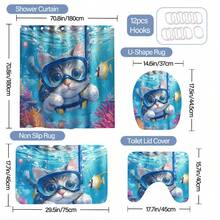 Set Of 4 Cute Ocean Diving Cat Pattern Shower Curtains For Room Home, Bathroom Decoration, Suitable For Romantic Friends And Family, For Friends Who Love Cats, Comes With 12 Auxiliary Hooks