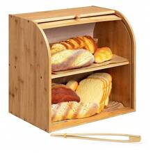 Bread Bin 2 Tiers Double Layer Box Slide Roll Top Food Storage Rack Home Kitchen With A Food Clip - Wood Color - View 12