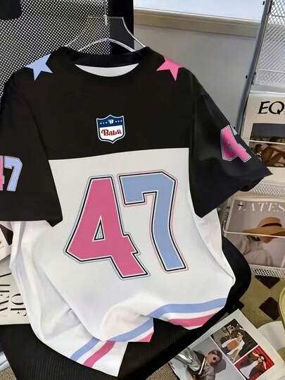 青少年男孩图案 T 恤 - 黑色，浅蓝色波尔卡圆点装饰，轻盈夏季上衣，可机洗休闲装，几何印花短袖 T 恤，穿着舒适，适合青少年