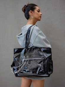 DareSee 1 chiếc túi tote dung tích lớn, kiểu dáng sinh viên, chất liệu da PU bóng, có khóa kéo trang trí, túi xách thời trang nữ, túi tote đi học, đồ dùng cần thiết cho sinh viên mùa đông, quà tặng lễ hội âm nhạc. - màu đen - Xem 2