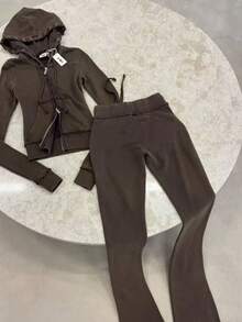 Women's Contrasting Color Waistband Splicing Micro Flared Knitted Sweatshirt, Slim Fit And Fitness Pants, Casual Pants, Sports And Leisure Set, Two-Piece Set - màu nâu - Xem 2