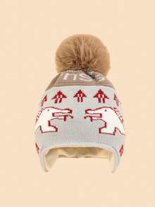 1 peça chapéu de bebê de malha com estampa de dinossauro e pompom, adorável e moderno, macio e confortável, quente para bebês de 1 a 2 anos no outono/inverno