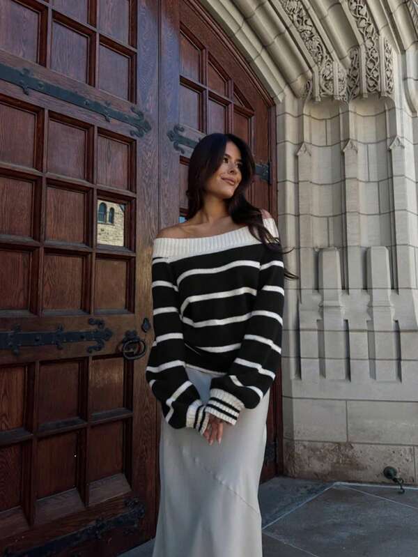 2025 New Fashion Women's Black & White Striped Open Shoulder Loose Sweater, Sexy Slouchy Off Shoulder Long Sleeve Top