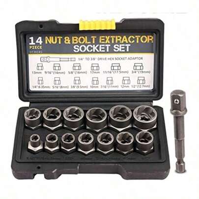 3/8" Drive Impact Bolt Nut Extractor Set, 13 Pcs Lug Nut Remover Kit 1/4"-3/4" Twist Socket Tool Set With A 1/4" Hex Drive To 3/8" Socket Adapter