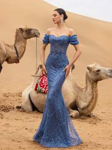 Faeriesty 优雅露肩亮片美人鱼晚礼服，曳地长拖尾——修身喇叭裙摆，精致的全身珠饰，适合红毯活动、奢华婚礼和正式晚宴等春季场合。 - 霧霾藍 - 查看 7