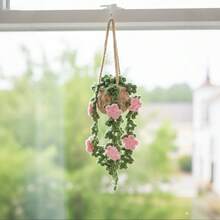 1pc Crochet Plant Decor, Boho Handmade Car Rear View Mirror/Room Hanging Accessory, Suitable For Women & Girls, Green Car Interior Aesthetic Decor, Truck Hanger Ornament Charm For Men - Multicolor - View 6