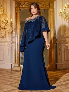 SUPGIR Plus Women's One-Shoulder Asymmetrical Cape Sleeve Handmade Bright Diamond Chiffon Slim-Fitting Evening Dress - Navy Blue - View 1