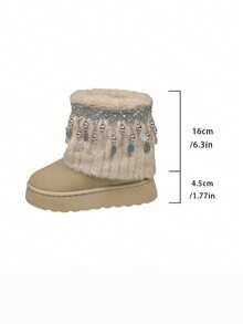 2025 Autumn/Winter New Women Snow Boots, Faux Fur Tassels Thermal Lined Furry Shoes, Grey/Black Thick Sole Short Boots, Soft Plush Rhinestone Home Slippers