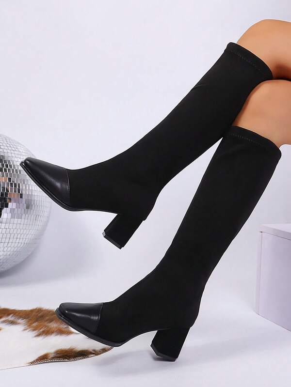 Women's Black High Heel Thigh High Boots, Square Toe Fashion Patchwork Chunky Heel Over-The-Knee Black Boots