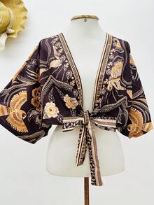 KISTYLE Crepe Blouse With Batwing Sleeves And Tie - Coffee Brown - View 1