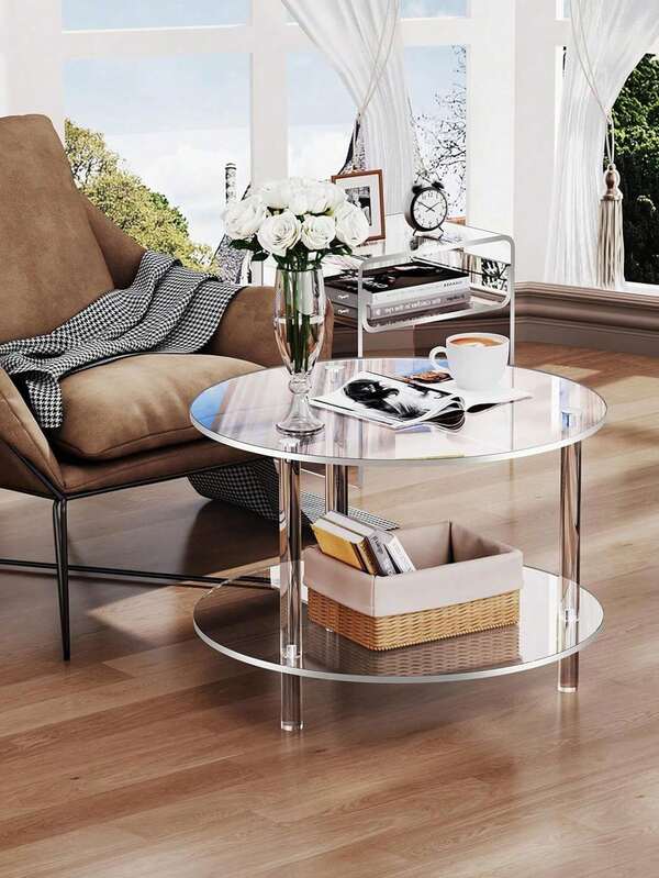 Mesa lateral redonda de acrílico de 11,8" x 11,8" x 20,2", mesa lateral pequena transparente de estilo minimalista moderno adequada para espaços pequenos, mesa de centro moderna e redonda, mesa de cabeceira de 2 níveis aplicável para sala de estar, quarto, showroom