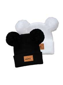 1/2/3件双绒球婴儿针织帽纯色羊毛钩针帽毛绒球儿童套头帽冬季保暖儿童无檐帽 - 彩色 - 查看 32