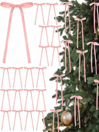 24pcs,Pink Vintage Velvet Christmas Bows For Tree Decoration, Rustic Crafts & Gifts, Classic Polyester Ribbon Bows For Christmas Valentine's Day Wedding Birthday Holiday Home & Wedding Decorations