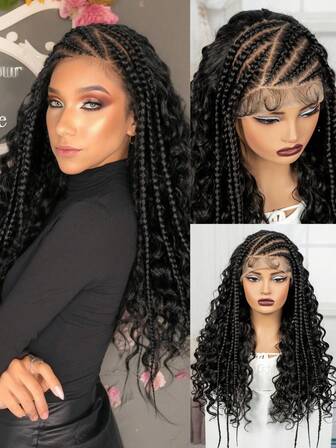 A ANYTIME Synthetic Hair Wig With Baby Hair Half Cornrow Braided Curly Hair Wig Transparent 13x6 Lace Frontal Deep Wave Fits Women