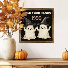 Charming "Wash Your Hands" Theme Halloween Wooden Sign | Rustic Style 20.32x20.32 Cm Framed Decor, Featuring Cartoon Ghosts And Pumpkins | Durable, Fade-Resistant, Suitable For Home, Bathroom, Living Room | Ideal Autumn Gift And Halloween Decoration - Multicolor - View 8
