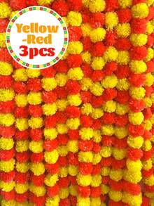 1 pieza/2 piezas/3 piezas/4 piezas Guirnalda de caléndula para decoración, 5 pies de largos hilos rojos y amarillos de flores de caléndula artificiales para decoración del hogar para Diwali, Pooja, Día de los Muertos, bodas y eventos navideños