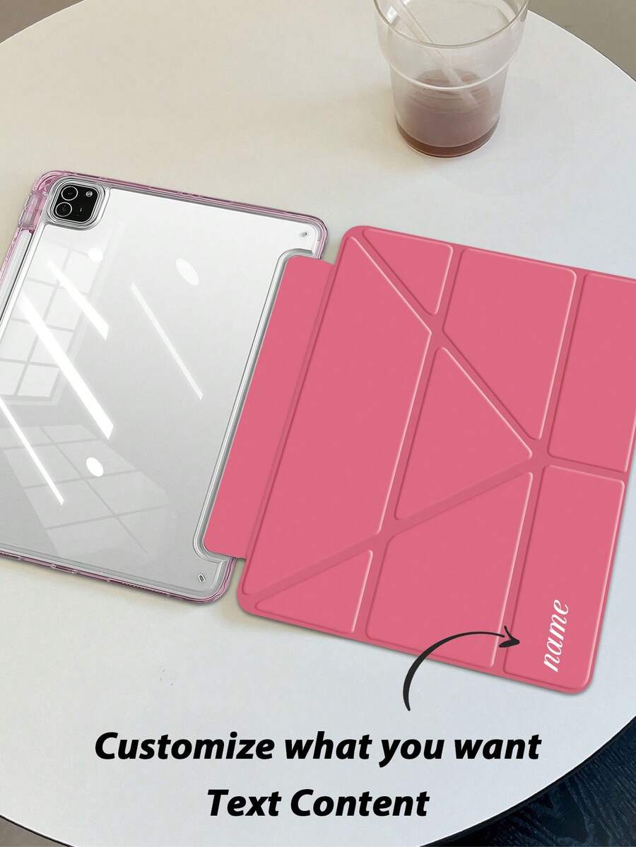 1 pieza Rosa Transparente Funda protectora plegable plana en forma de Y de acrílico, texto personalizable, sin lápiz óptico incluido, algunos modelos con marco de lente, soporte plegable de varios ángulos, ranura para lápiz óptico incorporada, cubierta trasera de acrílico de alta transparencia, anti-arañazos y anti-doblado, suspensión/activación magnética automática, diseño minimalista/casual/personalizado - Sandía roja - Ver 1