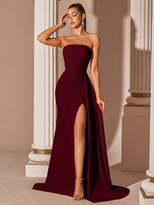 Elisanya Cream Yellow Elegant Strapless High Waist Slit Backless Tie Prom Party Dress - Burgundy - View 5