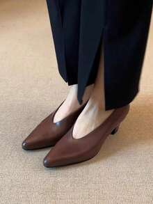 Fall/Winter Commuting Matte Leather Simple Slip-On Shoes, French Style Square Toe Vintage Chunky Heel Shoes For Women, Elegant - Brown - View 3