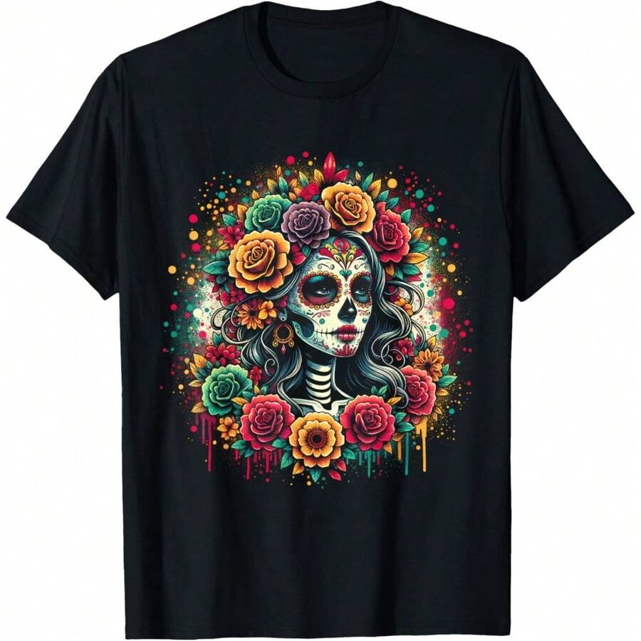 De Los Muertos La Catrina Day Of The Dead Sugar Skull Camiseta Mujer, Negro - - Oscuro - Ver 1