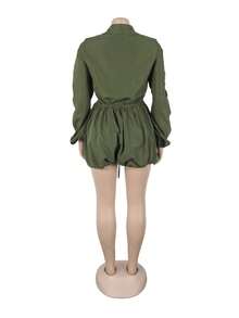 Women's Button Ruched Bubble Playsuits Long Sleeve Drawstring Shorts Shirt Jumpsuit Rompers One Piece Outfits, Spring Fall Winter Clothes - xanh quân đội - Xem 4