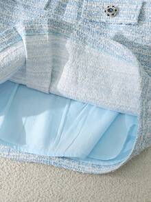 2 件套粗花呢短款夹克和迷你裙，仿口袋正面纽扣开合，优雅 - 淺藍色 - 查看 8