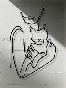 1 szt. Elegancka, kuta, żelazna dekoracja ścienna z kotem – minimalistyczny rysunek liniowy kobiety trzymającej kociaka, czarny metalowy element wystroju salonu/sypialni/biura/kuchni, idealny prezent dla miłośników kotów i zwierząt, 2D płaski wystrój pokoju