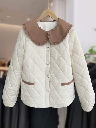 Women's Contrast Color Patchwork Front Button Pocket Pleated Hem Casual Office Commute Padded Coat, Autumn/Winter