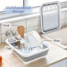 1pc Foldable Plastic Dish Drying Rack With Cutlery Holder, Space-Saving Dish Drainer Basket, Suitable For Home, RV, Camping - Great For Travel Trailers And Campers, Kitchen Essential - Grey - View 7