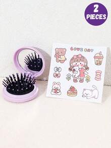 2 piezas Cepillo de pelo plegable mini lindo con espejo y pegatinas DIY - Peine de pelo de viaje portátil, diseño compacto con tapa abatible, cerdas suaves para cabello normal, regalo para niñas (rosa, azul, amarillo, negro)