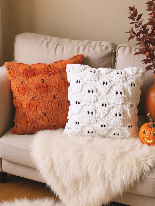 Halloween Decorations Fall Embroidered Pumpkin Throw Pillow Covers 18x18 , Autumn Decor Cushion Cases For Couch Sofa, Farmhouse Rustic Style, Plush Textured Wool With Brown Stem Embroidery Orange Brown Stem