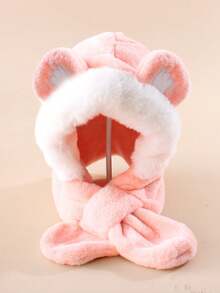 1件儿童可爱猫耳加厚绒耳罩围脖，日常保暖猫爪刺绣针织帽围巾套装